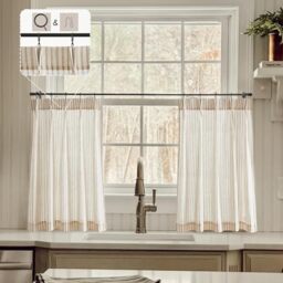 Kitchen Curtains for Small Window,Cafe Curtains 24 Inch Length,Boho Striped Kitchen Pinch Pleat Curtain with Hooks Rings for Half Windows Semi Sheer Light Filtering Curtains Tan on Nature
