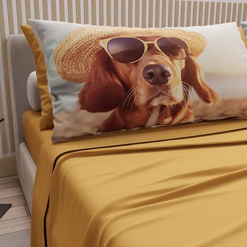 PETTI Artigiani Italiani - Animal Bed Linen with Dogs in Cotton with Pillowcases in Digital Print, Pizza and Half Sheets, Yellow Double Bed Set, 100% Made in Italy