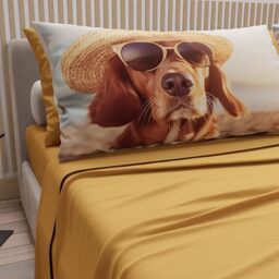 PETTI Artigiani Italiani - Animal Bed Linen with Dogs in Cotton with Pillowcases in Digital Print, Pizza and Half Sheets, Yellow Double Bed Set, 100% Made in Italy