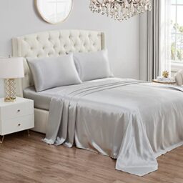 Juicy Couture Full Size Silk Satin Bed Sheet Set, Deep Pocket Silky Satin Full Sheet Set with 1 Fitted Sheet, 1 Flat Sheet and 2 Pillow Case, Wrinkle Resistant and Anti Pilling - Grey
