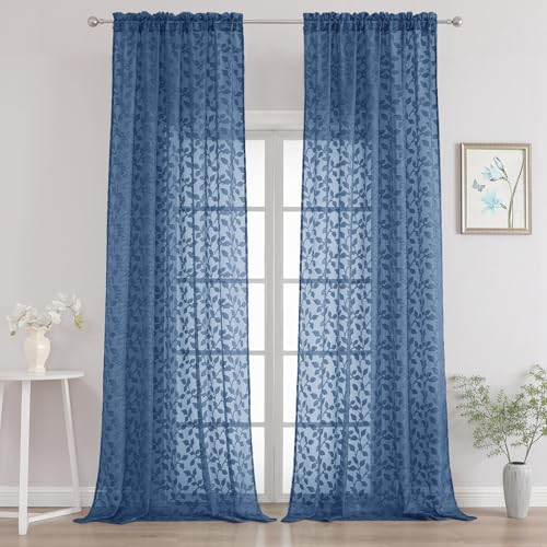 "Chyhomenyc Extra Long Dusty Blue Sheer Curtains 108 Inch Length 2 Panels Set, Light Filtering Tufted Textured Soft Airy Rod Pocket Leaf Window Treatment Drapes for Living Room, 52"" Wx108 L, 2PCS"
