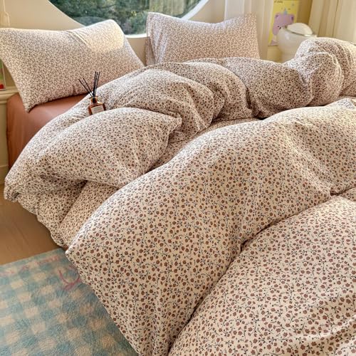HighBuy HigBuy Muslin Duvet Cover Set Full for Kids Girl Pink Floral Bedding Set Vintage Botanical Linen Cotton Flower Aesthetic Bedding Super Soft Gauze Textured Comforter Cover Breathable