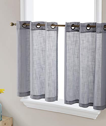HLC.ME Abbey Faux Linen Textured Semi Sheer Privacy Light Filtering Transparent Grommet Short Thick Cafe Curtain Tiers for Small Windows, Kitchen & Bathroom, Set of 2 (35 W x 36 L, Grey)