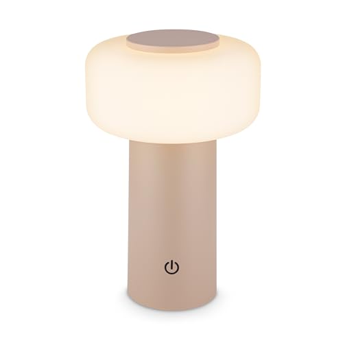 BRILONER - Rechargeable LED table lamp IP44 with touch, dimmable, replaceable battery, LED light, battery table lamp, bedside, no cord, outdoor, 13x20.6 cm, beige