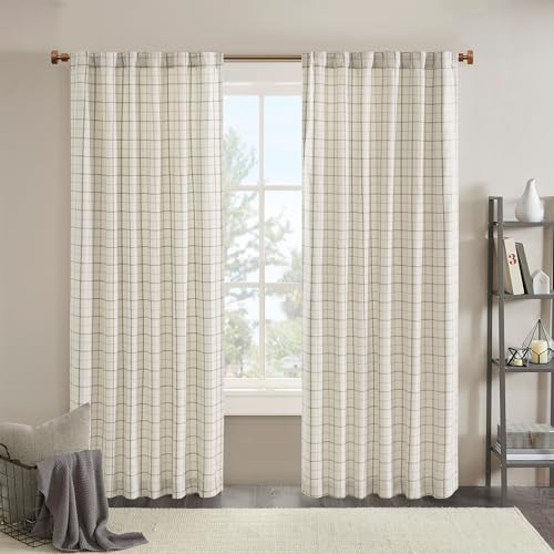 "Madison Park Anaheim Cabin Plaid Curtain Window, Thermal Insulated Fleece Lining, Living Room Decor Light Blocking Drape for Bedroom, 1-Single Panel Pack, 50"" x 108"" Rod Pocket Natural"
