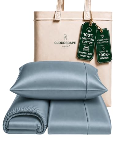 Cloud Scape Linen Engineered Dual-Ply Egyptian Cotton Twin XL Size Sheet Set ??? Long-Staple Sateen Weave, 3Pcs Soft Hotel Quality Dome Essential Bedding Set,Deep Pockets Up to 17???, French Blue