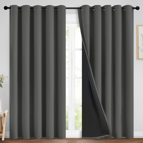 "Yakamok Dark Grey 100% Blackout Curtains 84 Inches Long 70"" Wide 2 Panels - Blackout Curtain Panels for Bedroom, 2 Thick Layers Grommet Top Thermal Insulated Drapes with Black Liner for Living Room"