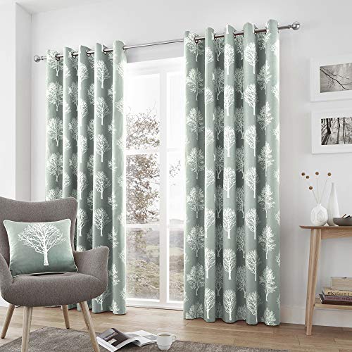 "Fusion - Woodland Trees - 100% Cotton Pair of Eyelet Curtains - 46"" Width x 72"" Drop (117 x 183cm) in Duck Egg"