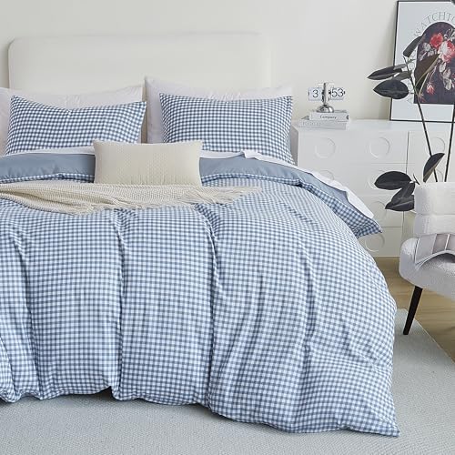 Oli Anderson King Comforter Set, 3 Pieces Blue Gingham Bed Comforter King Size, Reversible Lightweight Fluffy Checkered Bedding Set with 2 Pillowcases for All Seasons (Blue Gingham, King)