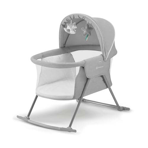 Kinderkraft LOVI Baby Crib 3 in 1, Cradle, Travel Cot, Rocker, Easy Folding and Unfolding, Adjustable Canopy, with Accessories, Mattress Cover, Included Toys, Transport Bag, for Newborn, 0-9 kg, Gray