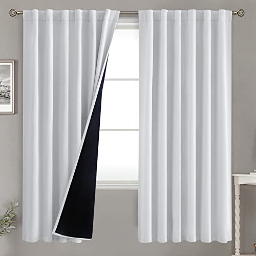 BGment Greyish White 100% Blackout Curtains 72 Inches Long with Black Liner, Rod Pocket and Back Tab Double Layer Room Darkening Thermal Window Curtains for Bedroom, 2 Panels, Each 52 x 72 Inch