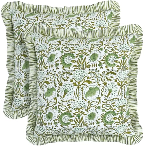 CPC Agate Green Ruffle Throw Pillow Covers for Couch, 18x18 Inch Cotton Stripe Ruffle Couch Pillows for Living Room, Hidden 14 Inch Zipper Boho Pillow Case or Cute Outdoor Pillows