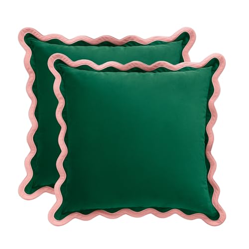 MONDAY MOOSE Decorative Throw Pillow Covers Cushion Cases, Set of 2 Soft Velvet Scalloped Wavy Edge Designs, Mix and Match for Home Decor, Pillow Inserts Not Included (Pink/Green, 22x22 inch)