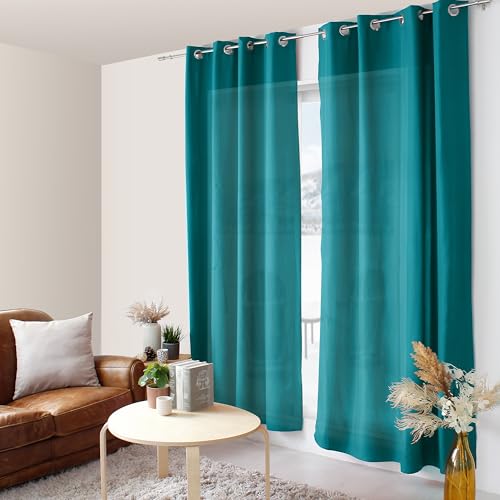 ED ENJOY HOME Duck Egg Blue Curtain 140 x 240 cm Metal Eyelets Microfibre Fabric Cotton Voile Look for Bedroom and Living Room