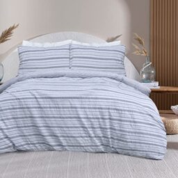 Sleepdown Stripe Seersucker Grey Reversible Duvet Cover Quilt Pillow Cases Bedding Set Soft Easy Care - King (230cm x 220cm), (5056242893417)