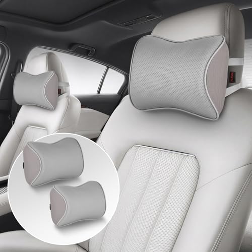 au-kee Memory Foam Car Neck Pillow Soft Leather Car Headrest for Driving Home Office Gray (Pack of 2)