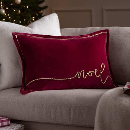 Paoletti Winter Noel Polyester Filled Cushion – Luxury Festive Appliqué Rope Detail Oxford Edge Cotton Velvet Decorative Pillow (Red – 40x60cm)