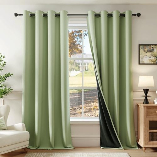 Beauoop Sage Green 100% Blackout Curtains for Bedroom 52x96 2 Panels - Room Darkening Thermal Insulated Drapes for Living Room 96 Inch Long Soundproof Energy Saving Window Treatments Grommet