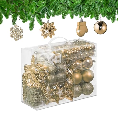 Relaxdays 100x Christmas Ornaments, Baubles, Glittering, Matte & Shiny, Tree Decorations, Plastic, 10 Designs, Champagne