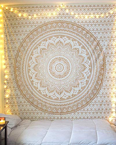 Popular Handicrafts Th566 Twin Original Gold Ombre Tapestry Indian Mandala Wall Art, Hippie Tapestry Wall Hangings, Bohemian Bedspread with Metallic Shine (215x140) cms
