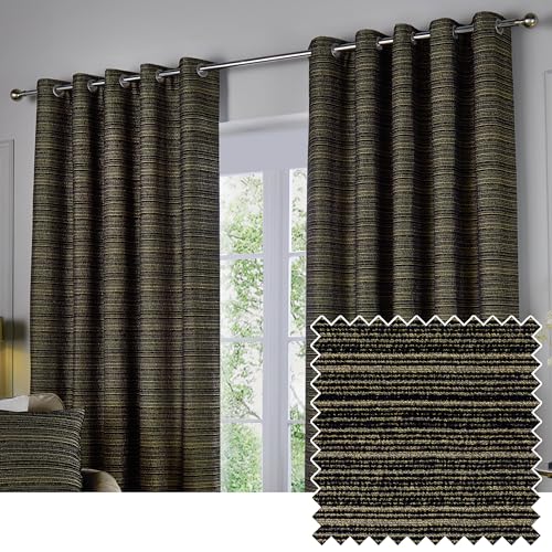 Paoletti Jupiter Room Darkening Eyelet Curtain Pair – Elegant Jacquard Chenille Lined Ring Top Drapes (Black/Gold - 168x137cm)