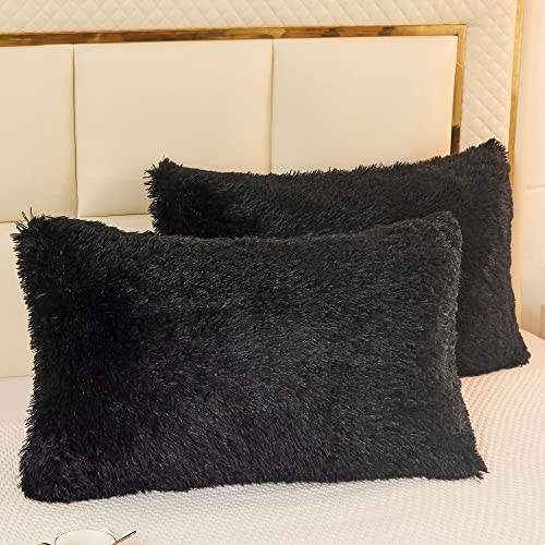 "LIFEREVO 2 Pack Faux Fur Pillow Shams,Shaggy Plush Home Decorative Luxury Series Super Soft Furry Pillow Case with Zipper Closure for Home Sofa Couch Decoration,Standard (Black,20""x26"")"