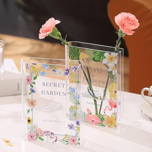 PORPAN Book Acrylic Flower-Shaped Vase, Clear Book, Modern Decor for Home, Bedroom, Living Room, Office, Set of 2
