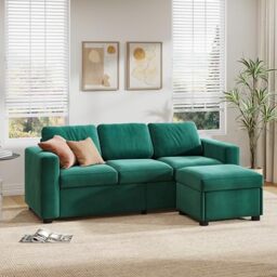 YITAHOME 3 Seater Sofa L Shaped Sofa Corner Sofa with Reversible Chaise, Fabric Sectional Sofa with Footstool Lounge Sofa Left or Right Chaise Settee with storage for Living Room Home Office (Green)