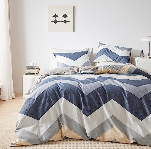 YuHeGuoJi Reversible Geometric Duvet Cover Queen 100% Cotton 3 Pcs Set 1 Modern Striped Blue Chevron Pattern Duvet Cover with Zipper Ties 2 Pillowcases Grey White Zigzag Print Bedding Set Soft