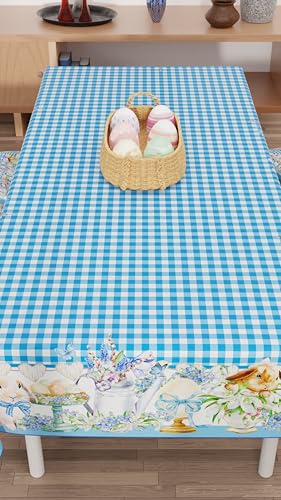 PETTI Artigiani Italiani - Easter Tablecloth Stain Resistant Square 140x140 cm 4 Seats, Microfibre Kitchen Table Cover, Vichy Design Gingham and Rabbits, 100% Made in Italy