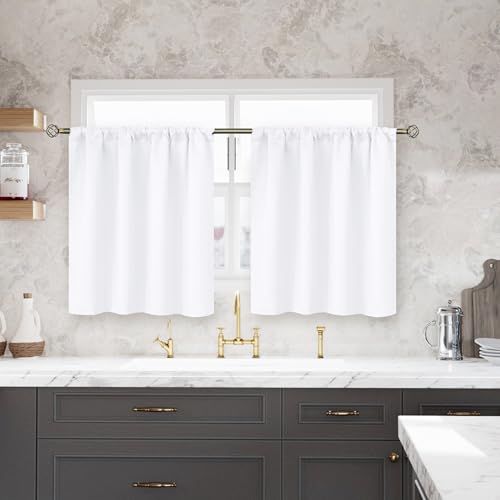BGment White Short Curtains 30 Inches Length for Small Window - Rod Pocket Privacy Drapes for Kitchen Over Sink Bathroom Basement Cafe, 2 Panels, 42 x 30 Inch