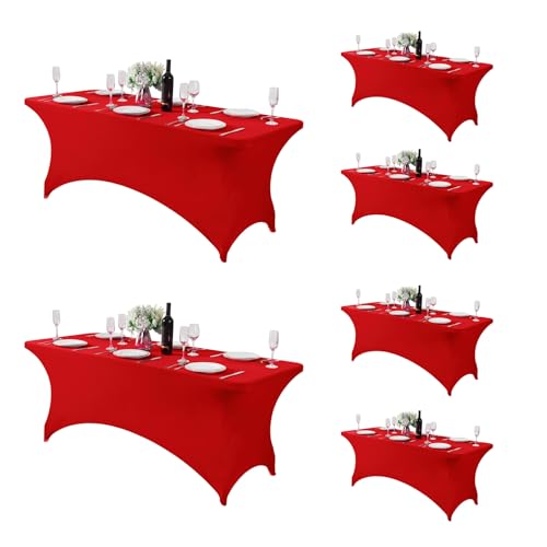 Fokitut 6 Pack Spandex Table Cover for 6FT Table Universal Fitted Stretch Tablecloth for Party, Banquet, Wedding and Events-Red
