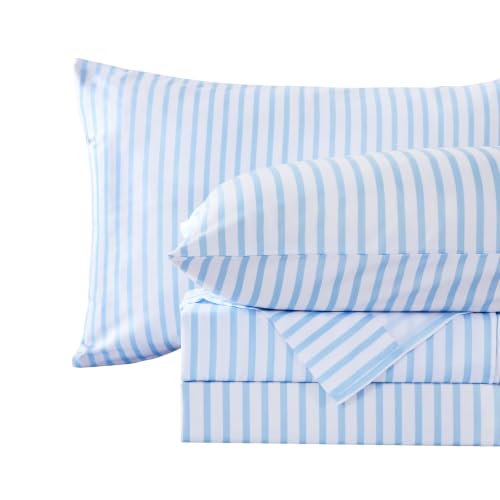 "MCO 4Pieces Striped Sheets Set, Breathable Full Sheet Set with 16"" Deep Pocket,Modern & Luxury, Brushed Microfiber Bedding Set(Full, Blue Simple)"