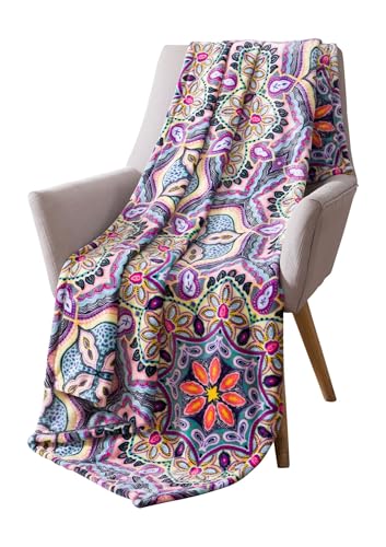 "Decorative Luxury Floral Fleece Throw Blanket: Mandala Bohemian Boho Botanical Paisley Damask Velvety Soft, Bright Purple Pink Yellow White Durable Plush Accent for Bed or Couch, 50"" x 70"""