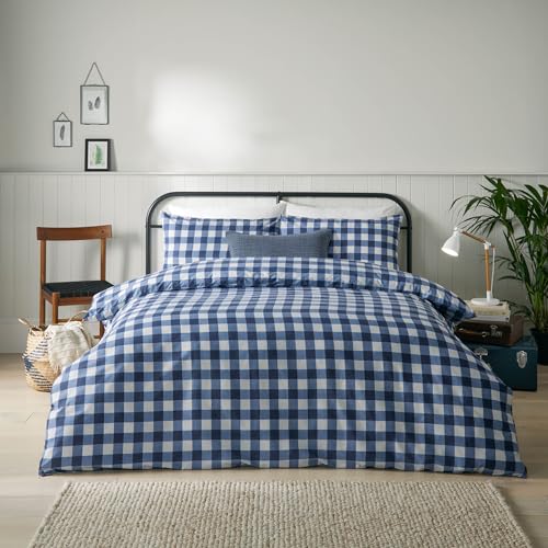 furn. Hartsford Gingham Check Duvet Cover Set – Classic Checked Bedding (Navy – Double)
