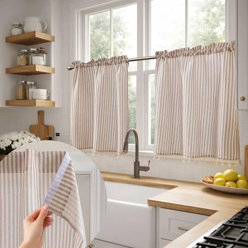 Jilron No Drill Farmhouse Modern Cafe Style Striped Linen Kitchen Curtains with Tassels??? Airy Light Filtering Tier Curtains with Rod Pocket for Living Room-Creamy Beige Stripes(W 34*L 24in-2-Panel)