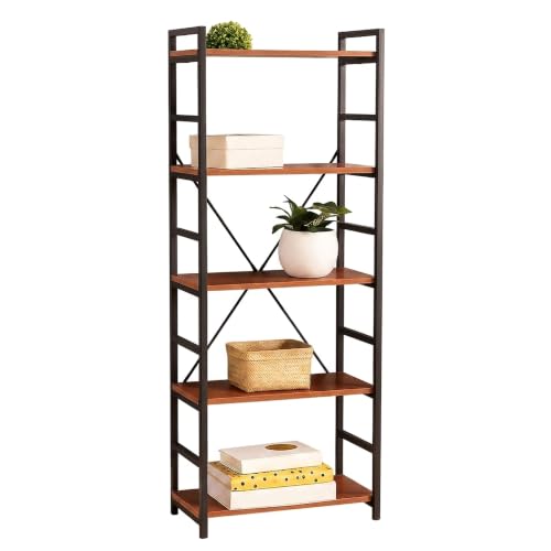 Premier Housewares Red Pomelo 5 Tier Shelf Unit With Black Powder-Coated Metal Frame-Compact Wall Shelving Unit For Home Office-Industrial Bookcase Unit For Decorative Items