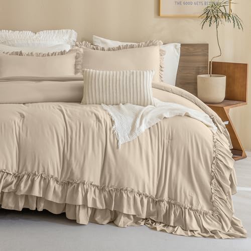 QSH Queen's House Ruffled King Size Comforter Set,Linen Feel Textured Farmhouse Lightweight Fluffy Boho Chic Bedding Comforter,Ultra Soft Microfiber Inner Fill Bedding