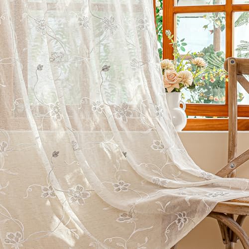 AmHoo 2 Panels Linen Floral Leaf Embroidered Semi Sheer Curtain Farmhouse Voile Curtains for Living Room Bedroom Window Treatment Light Gray 52 x 96 Inch