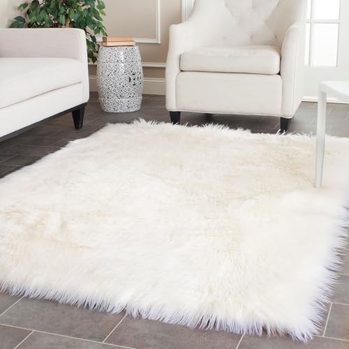 Safavieh Faux Sheepskin Indoor Woven Rectangle Area Rug, Faux Fur Collection, FSS235, in Ivory, 91 X 152 cm for Living Room, Bedroom or Any Indoor Space