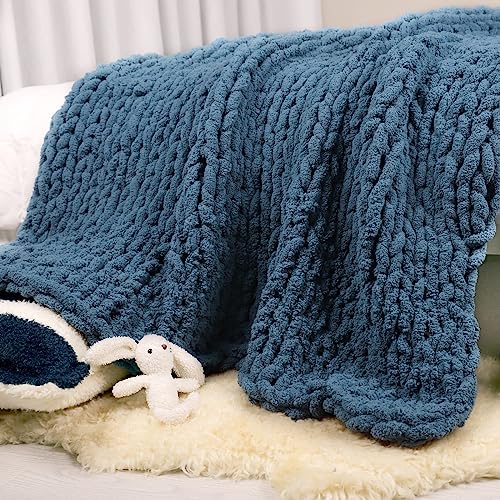 Chenille Blanket, chunky, knitted, soft, fluffy, handmade, throw, blanket for couch, sofa, bed and home decoration, Carriediosa (Lyons Blue 127 x 152.4 cm)