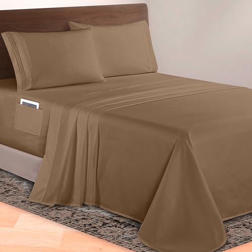 Elegant Comfort Luxurious 1500 Premium Hotel Quality Microfiber 4-Piece Sheet Set, 18-24 Inches Deep - Extra Deep Pocket Sheets - Ultra Soft 4PC Deep Pocket Sheets, Queen, Taupe