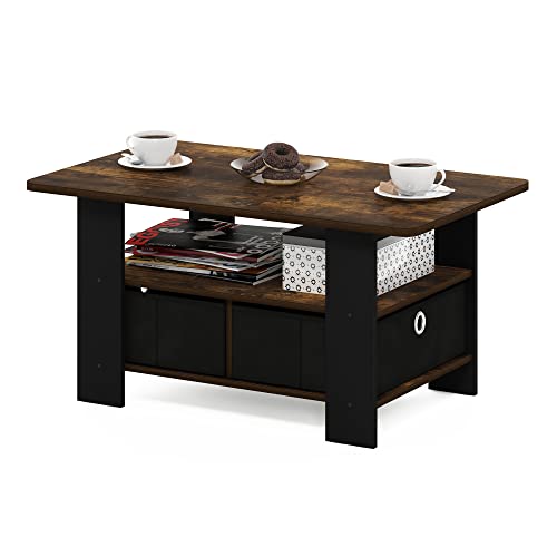 Furinno ANDREY Coffee Table with Storage and Bin Drawer, Amber Pine