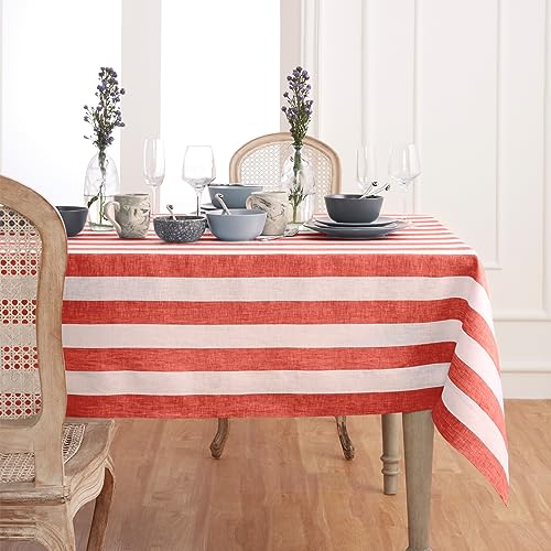 Solino Home 100% Pure Linen Tablecloth, 60 x 108 in, Red and White Striped - Cabana Stripe Table Cloth for dining tables, celebrations and entertaining woven stripe, mitered corners OEKO-TEX Certified