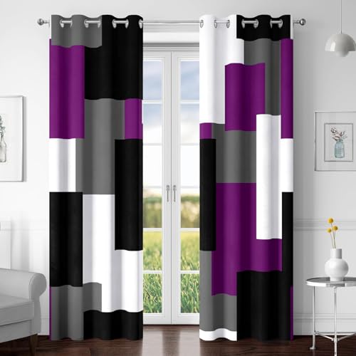 Tyrot Purple 100% Blackout Curtains for Bedroom 96 inch Length 2 Panels Set Black Grey Modern Abstract Geometric Black Out Curtains Insulated Room Darkening Window Drapes for Living Room, 52Wx96L