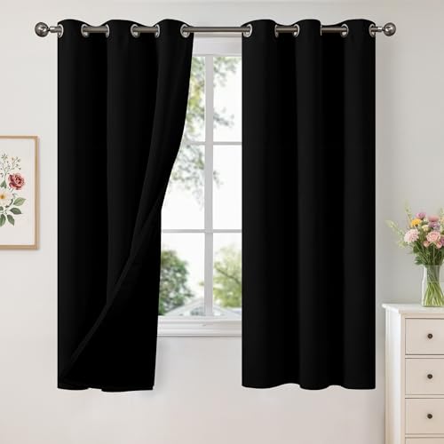 YoungsTex 100% Blackout Curtains 68 Inch Length, Grommet Thermal Insulated Drapes for Bedroom Full Room Darkening Privacy Thick Blinds with Liner, Black, 2 Panels, 42 X 68 Inch