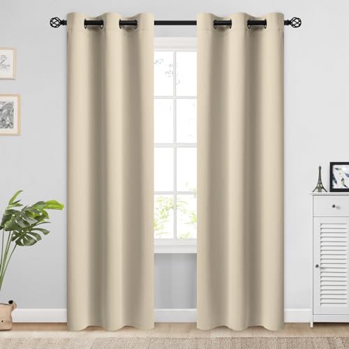 COSVIYA Grommet Blackout Room Darkening Curtains 84 inch Length 2 Panels,Thick Polyester Light Blocking Insulated Thermal Window Curtain Drapes for Bedroom/Living Room,Beige 38x84 inches