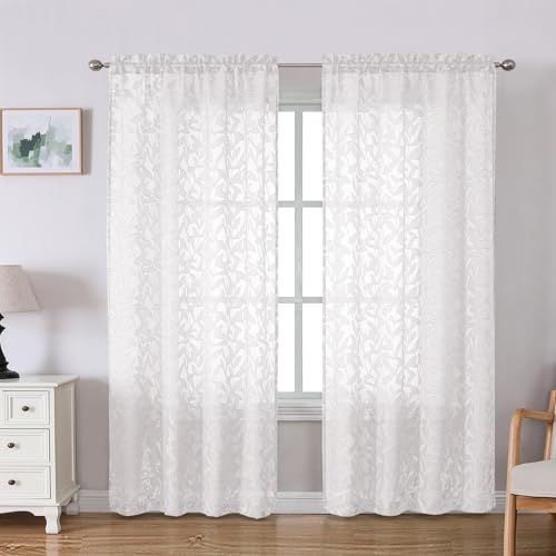 "Lecloud Leia White Sheer Curtains 78 Inches Long 2 Panels, Privacy Airy Voile Jacquard Leaf Textured Curtains, Dual Rod Pockets Farmhouse Drapes for Living Room Bedroom Dining Room, 42"" W x 78"" L"