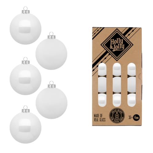 Holly & Jolly Christmas Baubles Pure White Pack of 36 - Glass Christmas tree baubles, approx. 4 cm, Christmas tree decoration in white, matt and shiny, Christmas decoration for