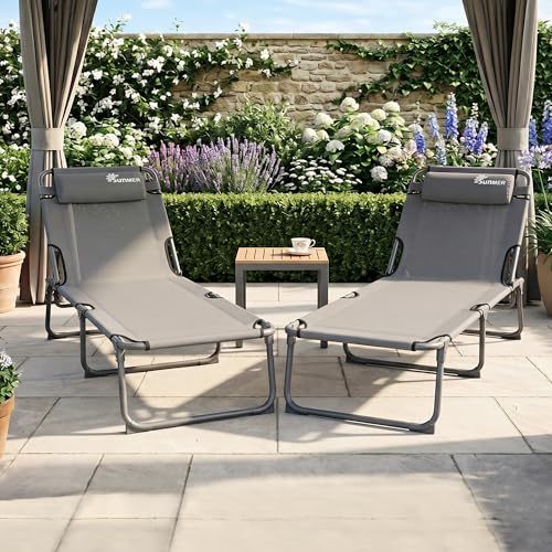 SUNMER Sun Loungers - Set of 2 Deluxe Tanning Sun bed - 5 Position Adjustable Backrest, Heavy Duty Folding, Outdoor Day Bed for Garden & Pool